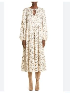 LAFAYETTE 148 Lupe Leopard Print Long Sleeve Silk Midi Dress In Raffia Multi